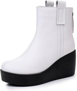 Женские ботинки на щиколотку из натуральной кожи на платформе с танкеткой, зимние модные, с круглым носком, сзади на молнии, винтажные снежные ботинки, повседневные, деловые, бархатные ковбойские ботинки Generic, White-Velvet