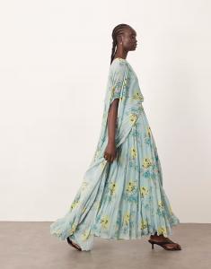 Платье из шифона, плиссированное, объемное, макси с широкими рукавами, с синим цветочным принтом Arrange