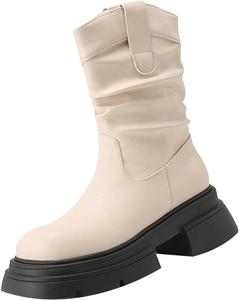 Модные женские ботинки с толстой подошвой и массивным каблуком, дышащие, с круглым носком, дождевые ботинки на широкую икру Generic, White