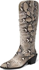Женские сапоги CoceMoce до колена с модным средним каблуком, зауженный носок, на молнии, с каблуком, свободного кроя, под кожу змеи, с анималистичным принтом, осенне-зимние, нарядные, для вечеринок, офиса и свиданий, Brown