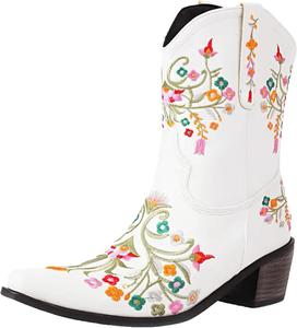 Женские ботильоны с заостренным носком, вышивкой цветов, винтажные западные ковбойские ботинки, повседневная обувь для женщин Generic, White