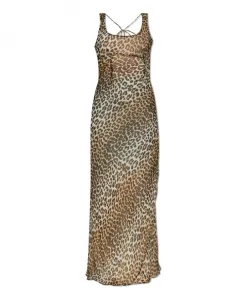 Длинное платье с леопардовым принтом Ganni, бежевый