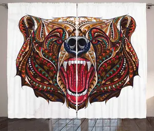 Штора ABAKUHAUS "Медведь в деревенском стиле", с рисунком головы, для гостиной, универсальная, ленточная штора с петлями и крючками, 280 x 175 см, цвет: коричневый, синий, красный Abakuhaus