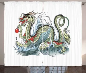Штора ABAKUHAUS Дракон в деревенском стиле, восточное существо, присборенная штора для спальни с петлями и крючками, 280 x 175 см, светло-зеленый, киноварь Abakuhaus