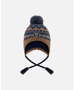 Вязаная перуанская шапочка для мальчика с помпоном, на подкладке, бежевого и темно-синего цвета Deux par Deux, Taupe and navy