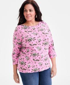 Хлопковая блузка большого размера с вырезом-лодочкой Style & Co, Fuchsia Petal Combo