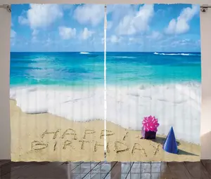 Штора ABAKUHAUS Пляжная рустика, С днем рождения на песке, универсальная ленточная штора для гостиной с петлями и крючками, 280 x 175 см, цвет: синий, светло-коричневый, розовый Abakuhaus