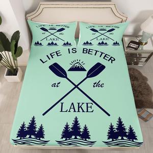 Erosebridal Комплект постельного белья Lake House в темпо-зеленом цвете с принтом горного леса и рыбалки, Multi 07
