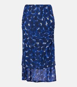 Юбка миди из джерси с принтом и сборками Dries Van Noten, синий