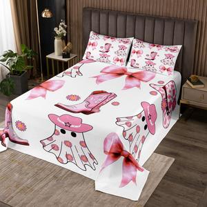 Erosebridal Комплект постельного белья Halloween Ghost Bow Queen Quilt в стиле вестерн для девочек с розовыми цветочными бантами, White Pink