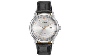 CITIZEN Мужские часы Ecology Drive Collection с кварцевым механизмом на световой энергии, натуральный кожаный ремешок, серебристый циферблат