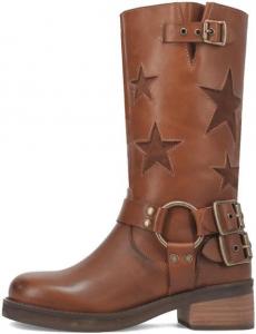 Женские сапоги KISTANIA до колена с квадратным носком, массивным каблуком и модными ремешками, ковбойские и мотоциклетные сапоги с звездами, Brown