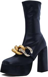 Женские ботильоны YDN на квадратном носке с застежкой на щиколотке, цепочкой, толстым каблуком средней высоты, до середины икры, для вечеринок и танцев, размеры 4-15 США, Navy