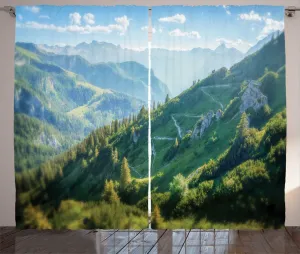 Штора ABAKUHAUS Горы в деревенском стиле, Туманный высокогорный пейзаж, универсальная ленточная штора для гостиной с петлями и крючками, 280 x 225 см, небесно-голубой/зеленый Abakuhaus