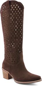 Ковбойские ботфорты с вырезами до колена, массивный каблук, западный стиль, высокие сапоги для женщин, заостренный носок, модные винтажные длинные ботильоны, на молнии POYOIOR, Dark Brown