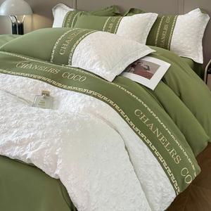 LUOLAI HOME Комплект постельного белья 1.5-спальный, 4 предмета: простыня на резинке, пододеяльник 200x230 см, Karinna Matcha Green