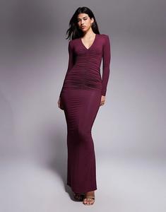 Платье макси Wanderdoll Drew с эффектом второй кожи, накладными плечами, глубоким вырезом, сборками и длинными рукавами в ягодном цвете