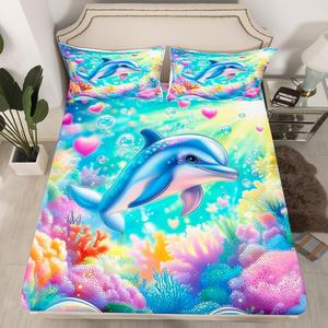 Erosebridal Детский комплект постельного белья Dolphin с дельфинами и морскими животными в стиле акварели с блестками, Blue Pink