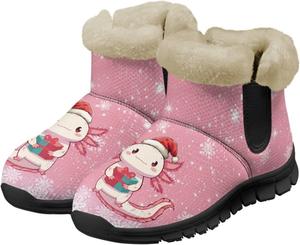 Рождественские зимние ботинки для женщин, удобные короткие ботинки с утеплителем, плюшевые теплые наружные туфли на плоской подошве Twousenru, Cute Axolotl