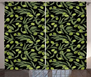 Шторы ABAKUHAUS Деревенские овощи, картина Оливковое дерево, универсальные ленточные шторы для гостиной с петлями и крючками, 280 x 225 см, цвет армейский зеленый и темно-серый Abakuhaus