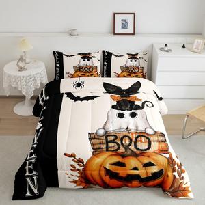Erosebridal Комплект постельного белья Happy Halloween с мультяшными черными котами и тыквами, оборотная сторона с летучими мышами и пауками, Black Orange