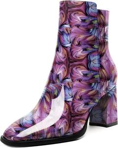 Женские стильные ботильоны AUMOTED с массивным каблуком, закрытым квадратным носком и боковой молнией, короткие ботинки, каблук 3,4 дюйма, Patent Floral Purple