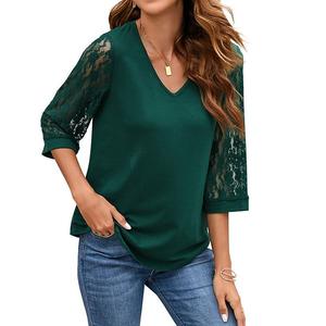 Женская блузка с рукавом 3/4 и кружевным пэчворком, элегантная однотонная повседневная модель для весны и лета Seoria, Dark Green