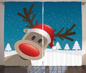 Рождественская штора в деревенском стиле от ABAKUHAUS, Олень Рудольф, универсальная ленточная штора для гостиной с петлями и крючками, 280 x 225 см, цвет: белый, коричневый, красный, небесно-голубой Abakuhaus