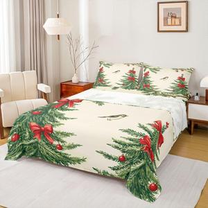 Erosebridal Комплект постельного белья с новогодним принтом для детей с птицами и бантами, Beige Green