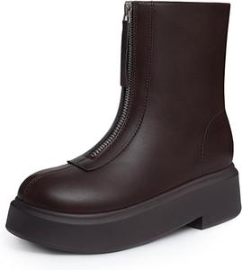 Женские ботильоны Athlefit на платформе, короткие, с удобным круглым носком, массивным низким каблуком и передней молнией, Brown