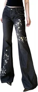 Джинсы Flare для женщин - винтажные с цветочным принтом, низкая посадка
