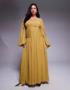 Платье макси ASOS DESIGN Curve с длинными рукавами, вырезом и сборчатой ​​юбкой оливкового цвета ASOS Curve