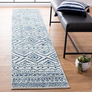 Ковер-дорожка SAFAVIEH, 61 x 214 см, Tulum Collection, Ivory & Navy, марокканский бохо дистресс-дизайн, не линяет и прост в уходе, идеален для помещений с высокой проходимостью в гостиной, спальне (TUL267C)