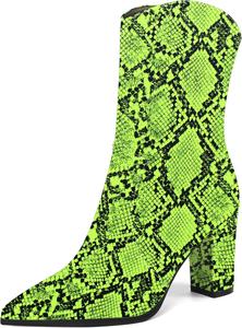 Женские ботильоны MOVINSTEPS в ковбойском стиле с закрытым носком, модные, на молнии сбоку, из лакированной кожи, с массивным каблуком, средняя высота голенища, каблук 3,3 дюйма, Neon Green Snake