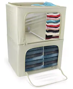 2 больших складных контейнера для хранения вещей - металлический каркас, ткань Оксфорд, большое окно и ручки - организация для спальни, постельного белья и одежды (бежевый) Sorbus, beige