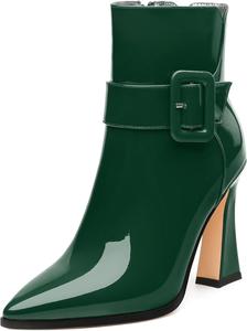 Женские ботильоны, высокие ботильоны на каблуке, ботильоны с заостренным носком, короткие модные ботинки с боковой молнией и пряжкой для женщин GUAVAIVY, Dark Green Patent