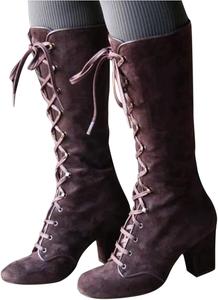 Женские готические сапоги ZDLJYL до середины икры из замши с шнуровкой, массивным каблуком, зимние кожаные ретро-кэжуал ковбойские сапоги для женщин, Brown