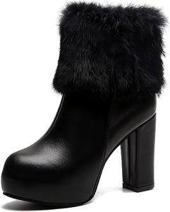 Женские ботинки с каблуком, повседневные ботильоны, ботинки до щиколотки, зимние с молнией, массивный каблук, круглый носок, элегантные, из искусственной кожи, с молнией, однотонные женские обувь Generic, Black 35