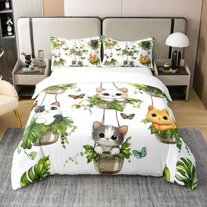 Erosebridal Комплект постельного белья Cute Cat из 100% хлопка с иллюстрациями котиков, бабочек и растений, Orange White Green