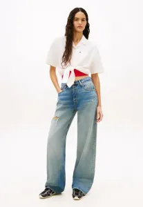 Блузка свободного кроя из смесовой льняной ткани с завязками спереди и пуговицами. Tommy Jeans, Ecru