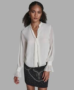 Женская блузка с длинными рукавами, завязками на шее и оборками на манжетах BCBG, Whisper White