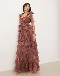 Платье миди из тюля с кружевом и бисером, бант на плече, коричневого цвета, с абстрактным рисунком животных