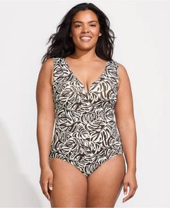 Женский корректирующий купальник больших размеров с V-образным вырезом в форме сердца и завышенной талией Цельный купальник с высокой посадкой Lands' End, Brown mini tropic leaves