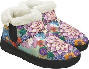 Женские мини-ботинки Fuzzy Platform, классические зимние ботинки до щиколотки с стелькой из поролона с эффектом памяти, легкая подошва с противоскользящим эффектом Chririnla, Vintage Mandala Flower