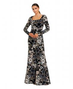Женское вышитое бархатное платье с длинными рукавами и вырезом-лодочкой Mac Duggal, Black multi