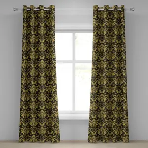Шторы на люверсах из дамасской ткани ABAKUHAUS, мотив античной викторианской листвы - винтажный королевский дизайн с элементами рококо, декоративные двухпанельные шторы, 280 см x 245 см, цвет: черный, земляной, желтый Abakuhaus