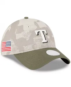 Женская регулируемая кепка 9TWENTY Texas Rangers 2025 Armed Forces Day светло-бежевого/оливкового цвета New Era