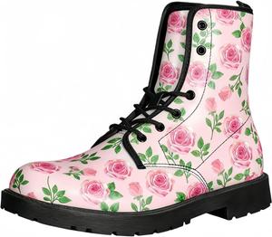 Женские короткие ботинки с принтом на шнуровке, с широким каблуком, боевые ботильоны для девушек и женщин, осенние и зимние, с рисунком роз, черепов, бабочек и мультяшных узоров Maimeili, Pink Flower