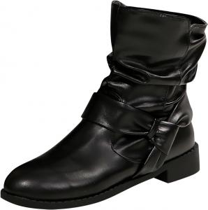 Женские ботинки до середины икры, низкий каблук, из кожи, стильные, удобные, на осень и зиму, короткие, на молнии, винтажные, 2024 года, ботильоны для женщин Generic, Black