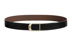 HERMES Мужской кожаный ремень с гладкой пряжкой и двусторонним кольцом, Black/Brown